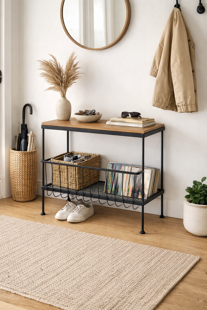 Mid Century Modern Industrial Black Metal Bookcase | Bench