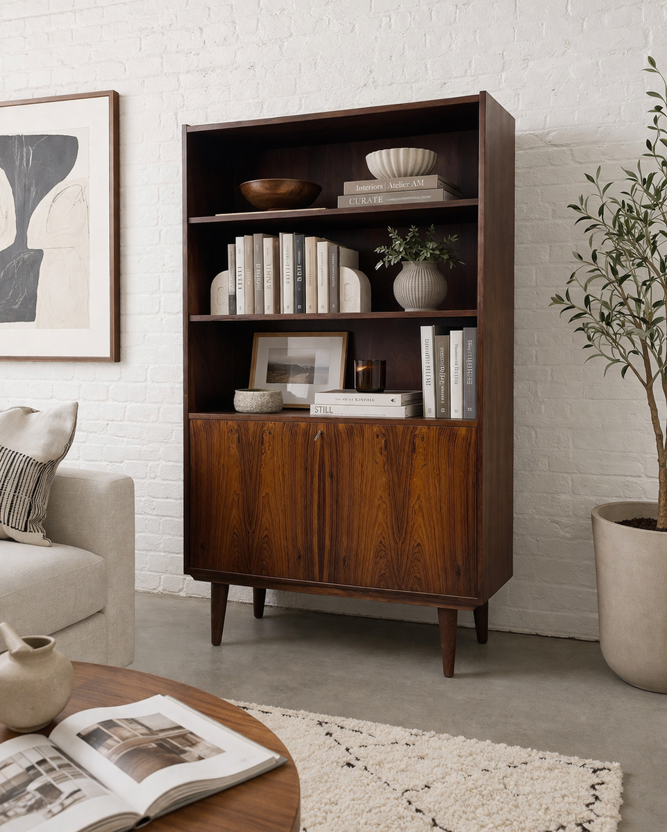 DANISH Mid Century Modern Rosewood BOOKCASE / Drop Down Bar, c