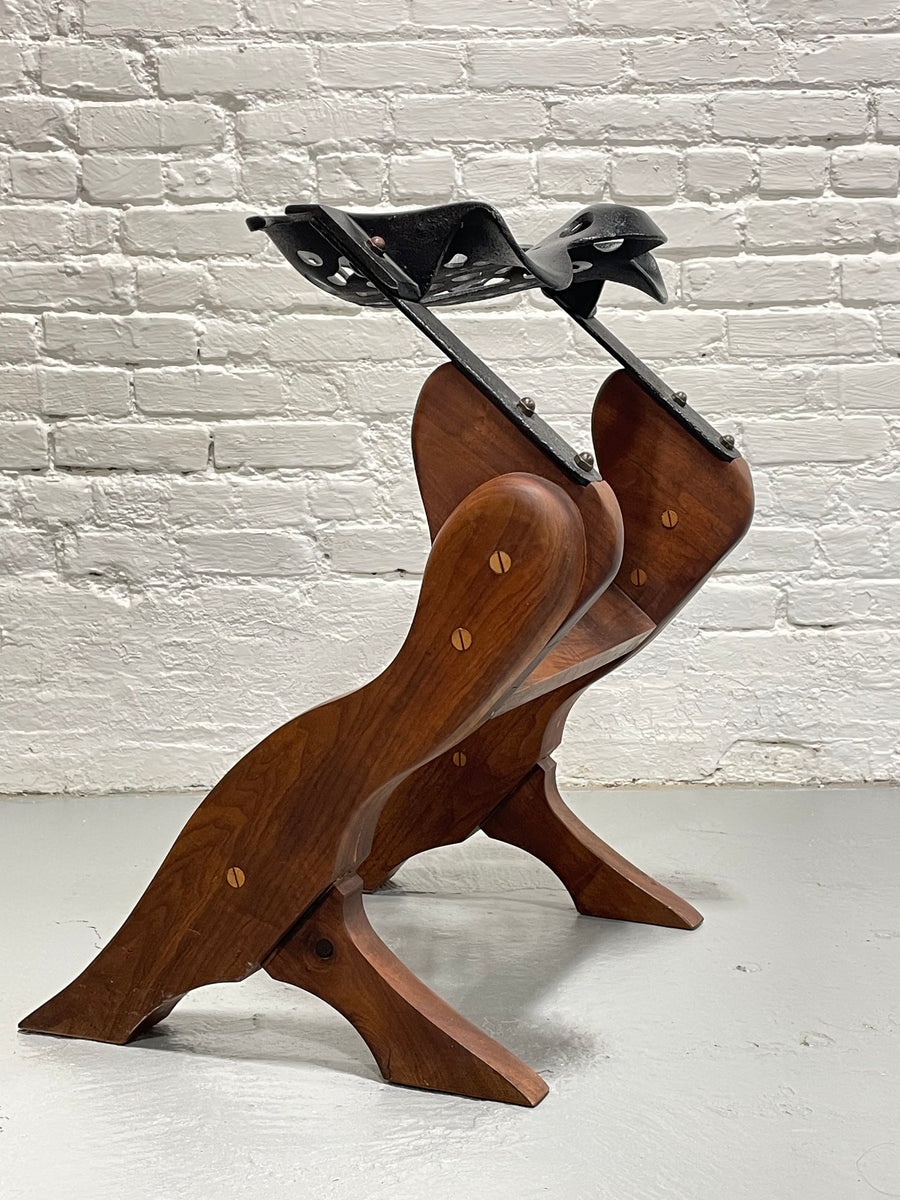 Signed Sculptural Tractor Stool | Handcrafted Wood & Cast Iron