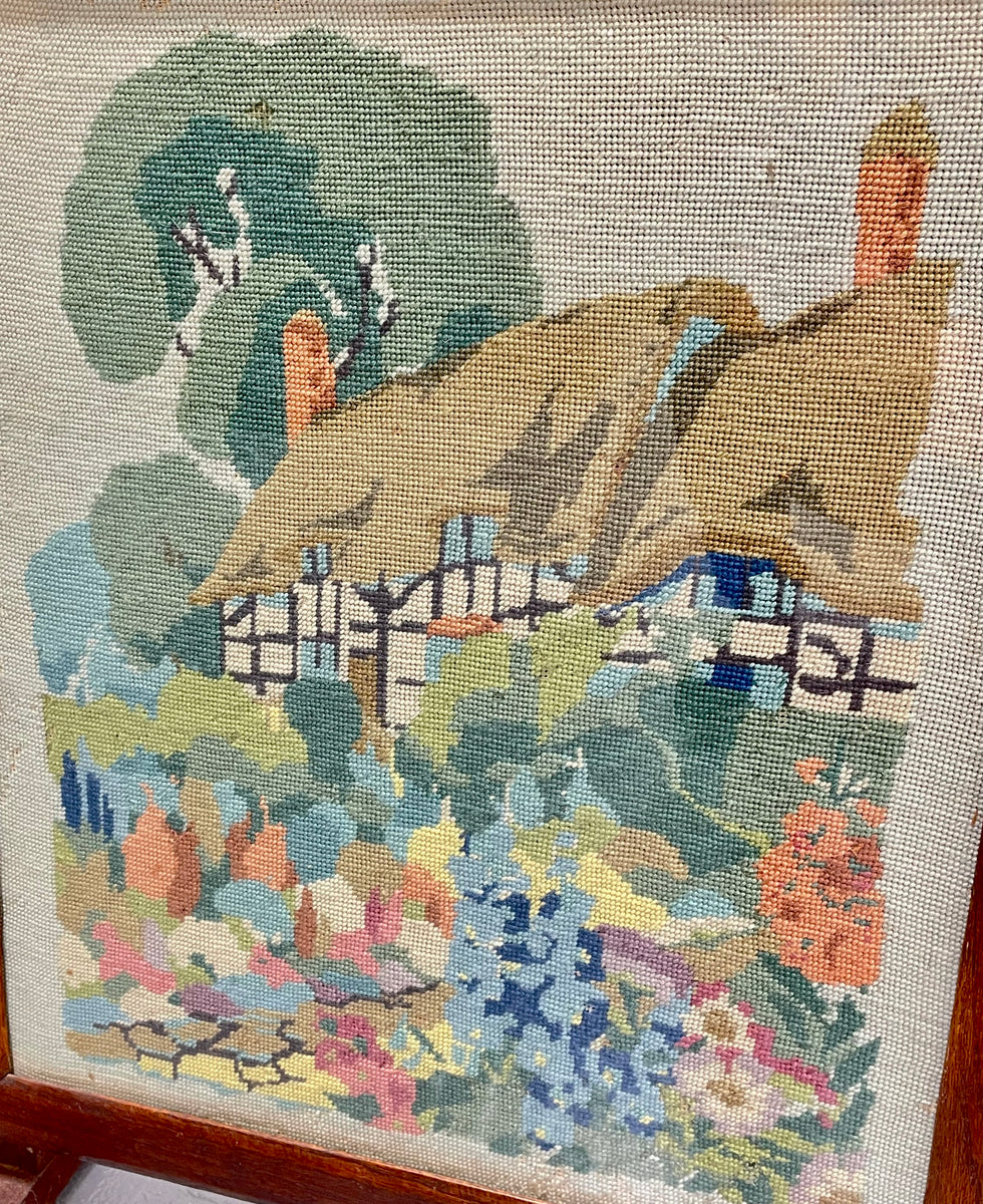Antique Needlepoint Fire Screen with Cottage Garden Scene, Wood