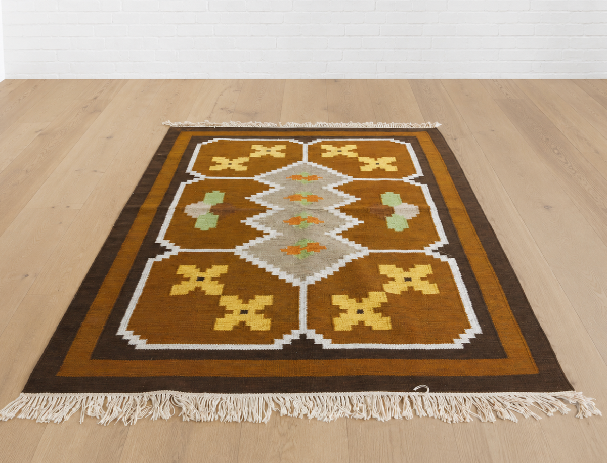 Mid Century Modern Vintage Swedish Handwoven Röllakan Wool Rug