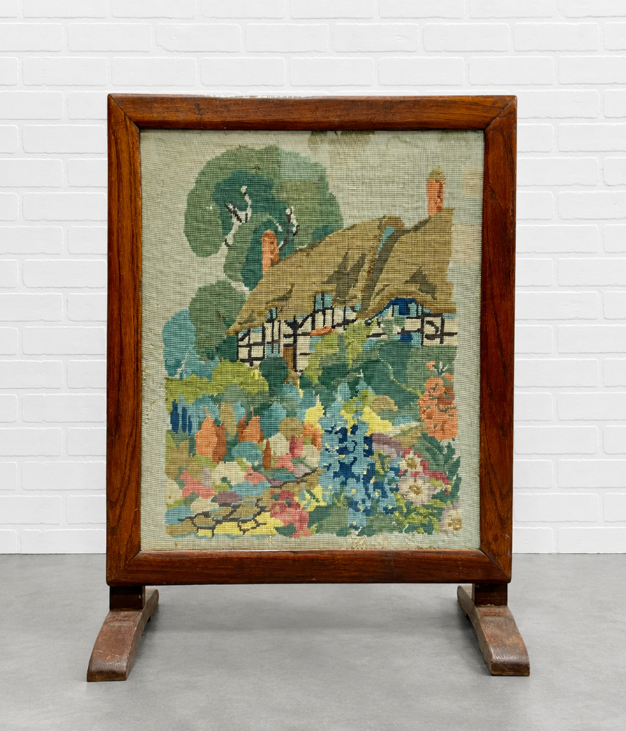 Antique Needlepoint Fire Screen with Cottage Garden Scene, Wood