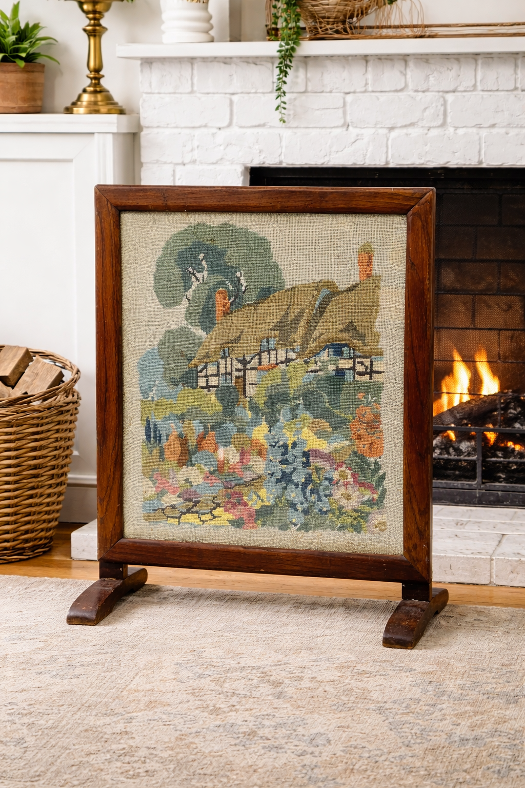 Antique Needlepoint Fire Screen with Cottage Garden Scene, Wood Antique Needlepoint Fire Screen with Cottage Garden Scene, Wood