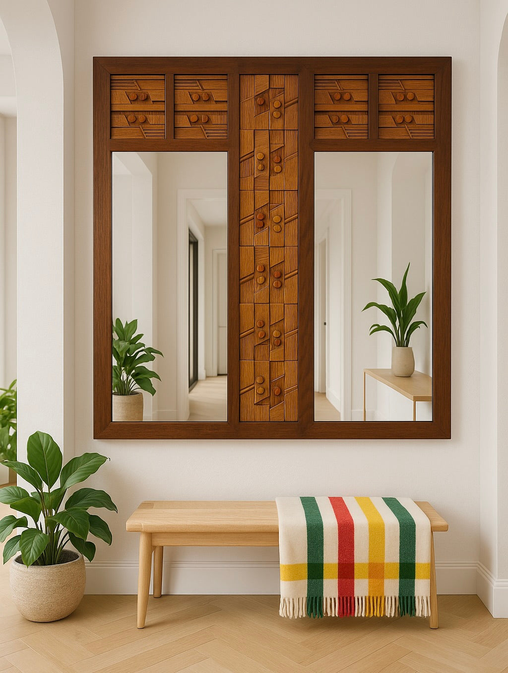 HUGE Mid Century Modern Walnut BRUTALIST MIRROR Paul Evans styled