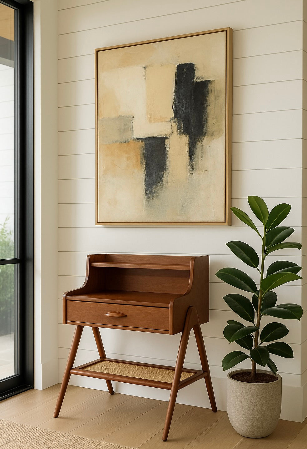 Mid Century MODERN Handcrafted Caned TEAK CABINET / Entryway Table
