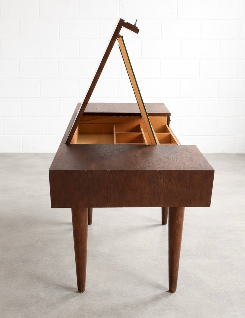 Mid Century Oak Lift-Top Vanity with Tilting Mirror | Small Desk