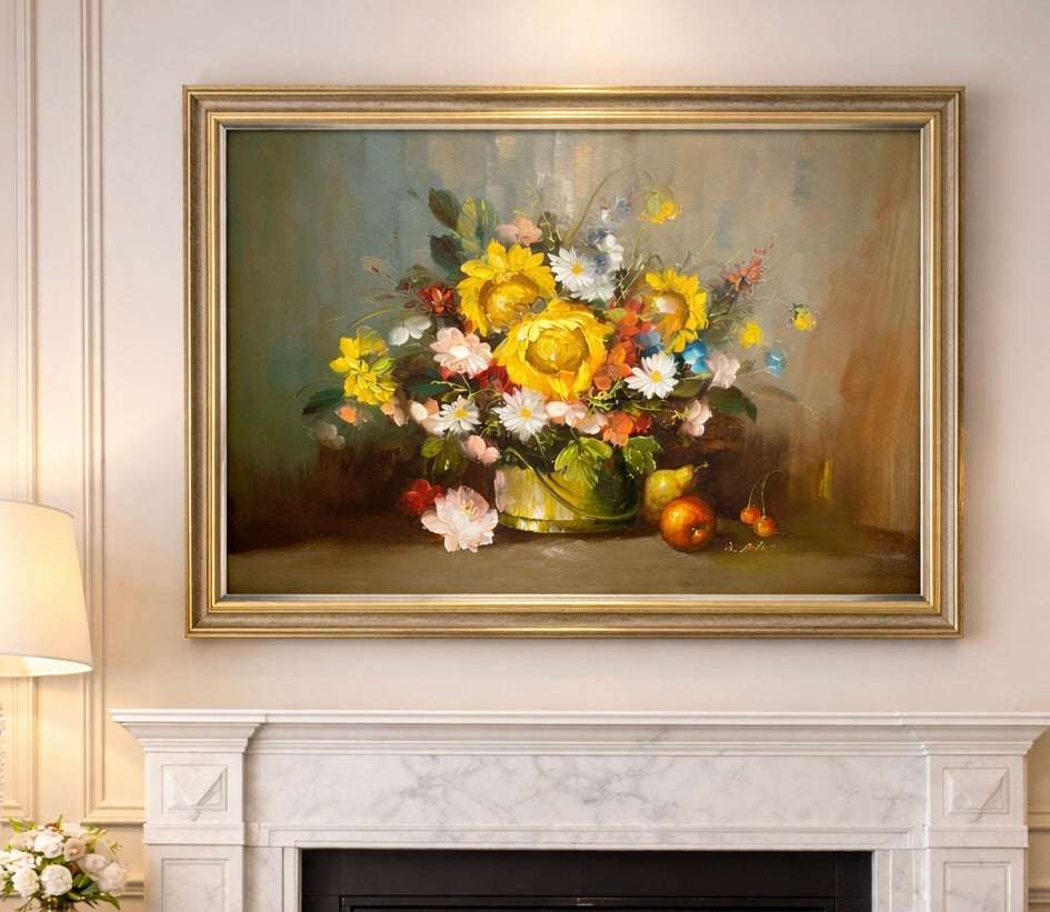 Vintage Floral Still Life Oil Painting in Frame | Elegant European