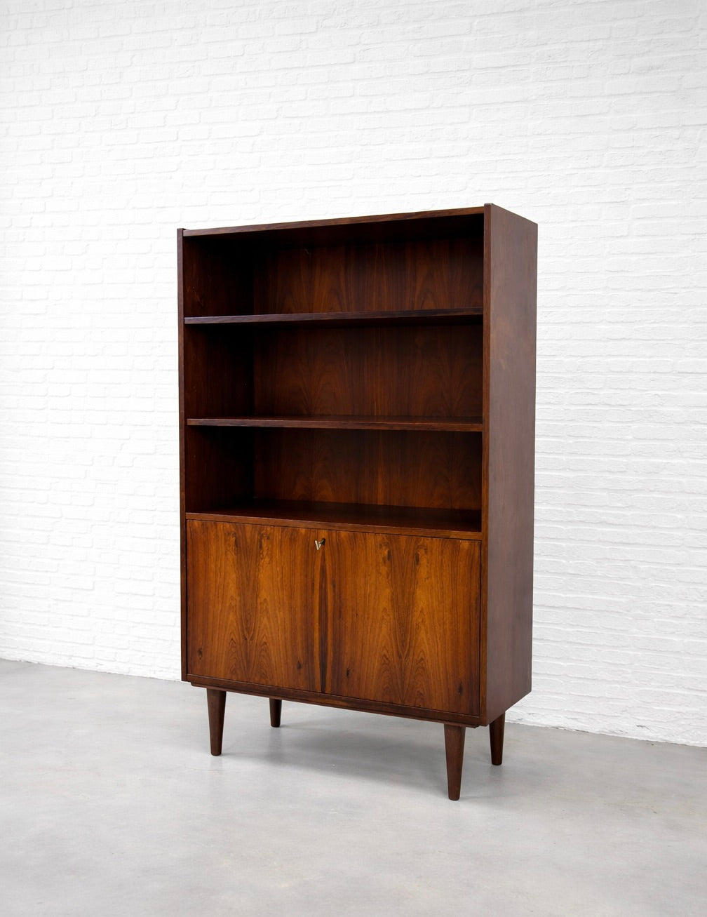 DANISH Mid Century Modern Rosewood BOOKCASE / Drop Down Bar, c