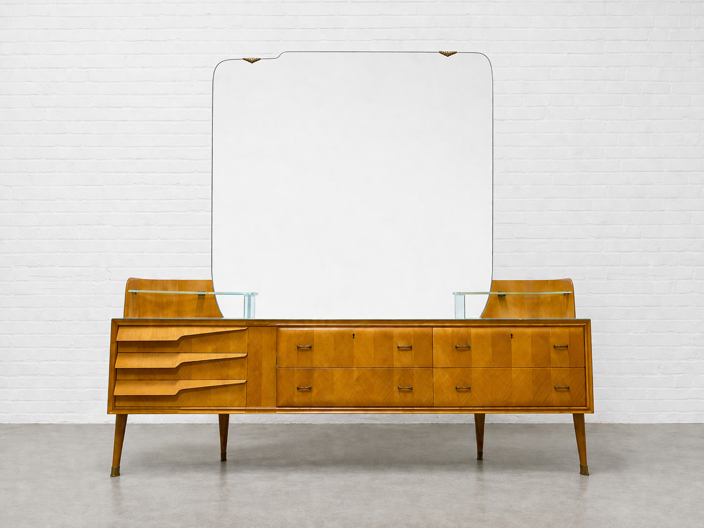 ITALIAN Mid Century Modern Maple Long DRESSER / Vanity + Large Mirror, c. 1960's ITALIAN Mid Century Modern Maple Long DRESSER / Vanity + Large Mirror, c. 1960's