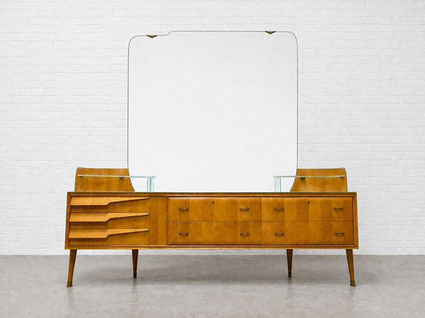 ITALIAN Mid Century MODERN Maple Long DRESSER / Vanity + Large Mirror, –  Circa60