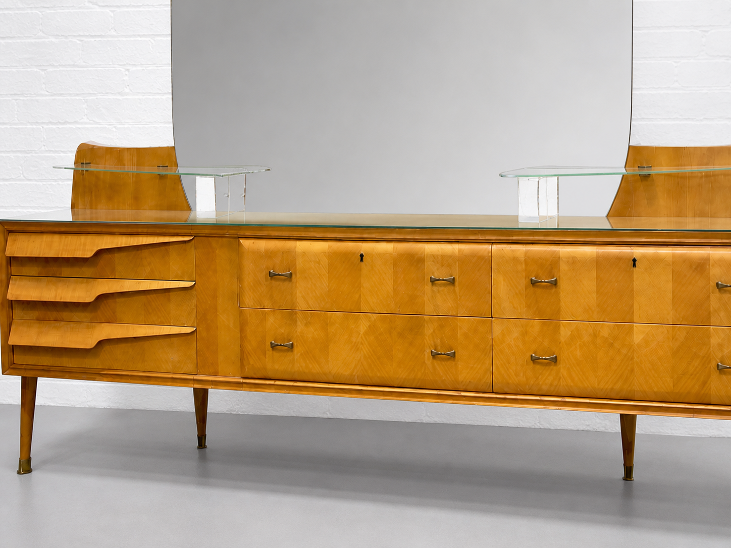 ITALIAN Mid Century Modern Maple Long DRESSER / Vanity + Large Mirror, c. 1960's ITALIAN Mid Century Modern Maple Long DRESSER / Vanity + Large Mirror, c. 1960's