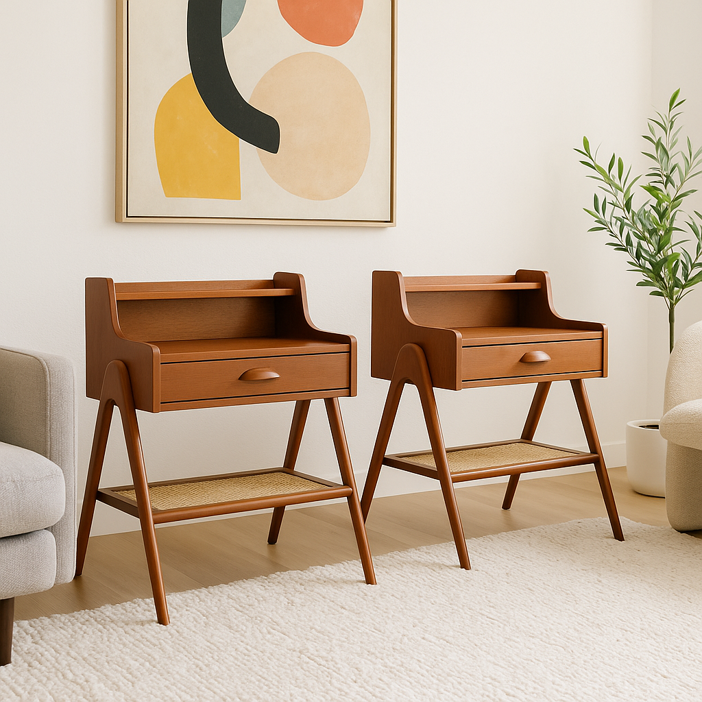 Pair of Mid Century MODERN Handcrafted Caned TEAK CABINETS / Entryway Tables