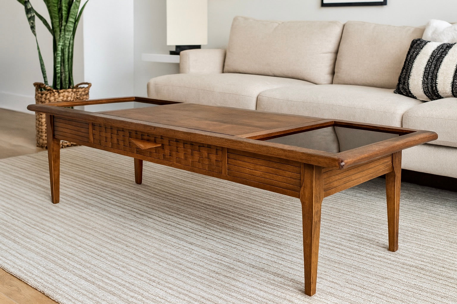 Mid Century Modern Walnut + Smoked Glass COFFEE TABLE by Lane Furniture Co.