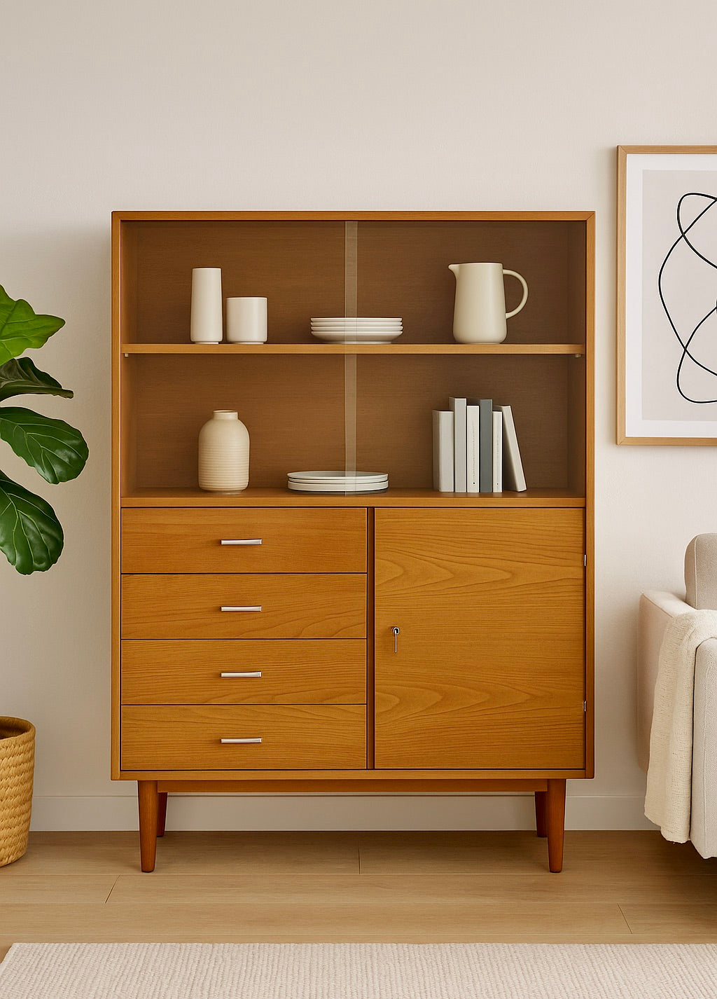 Paul McCobb styled Mid Century Modern Ashwood Bookcase / China Cabinet, c. 1960’s