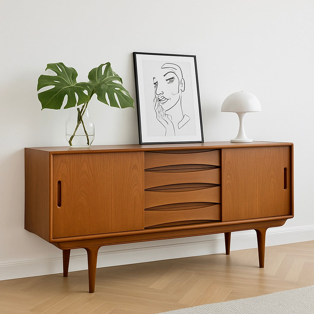 Mid Century MODERN styled Teak CREDENZA | Scandinavian Media Console | Handmade Reclaimed SIDEBOARD