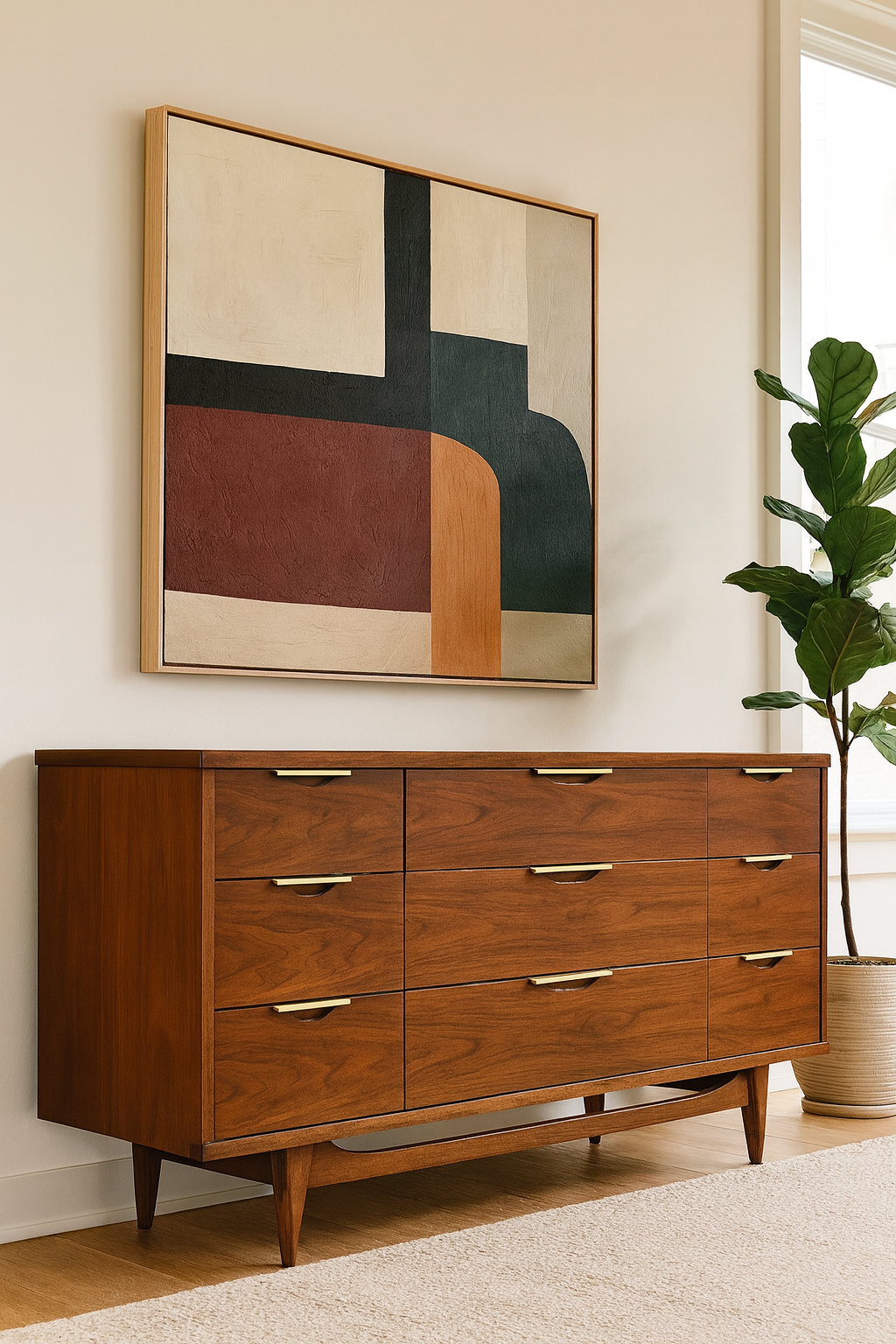 Mid Century MODERN Walnut TRIPLE DRESSER by Kent Coffey’s Tableau Line, c. 1960’s