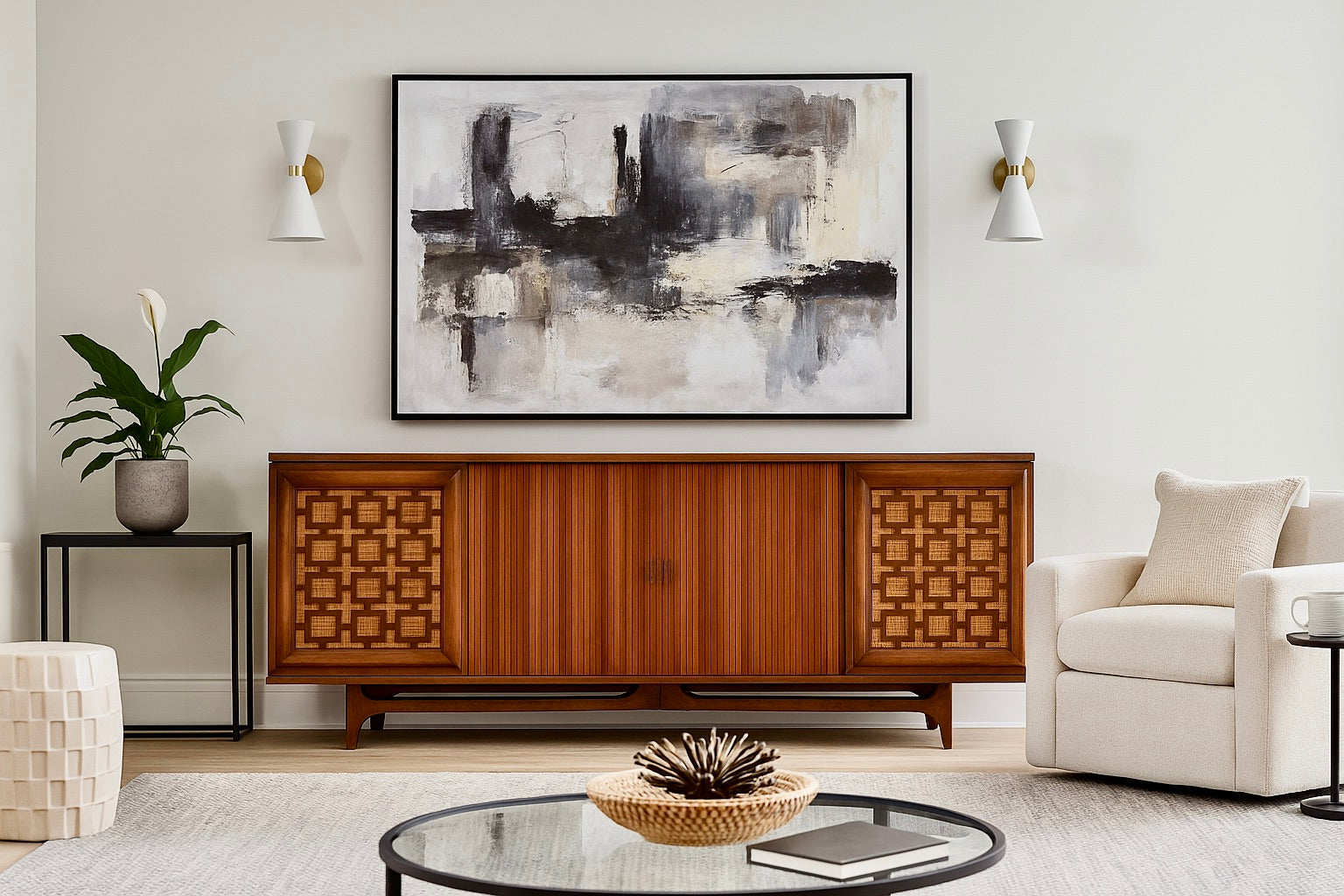 EXTRA LONG Mid Century MODERN Walnut + Caned Credenza / Stereo Cabinet, c. 1960s
