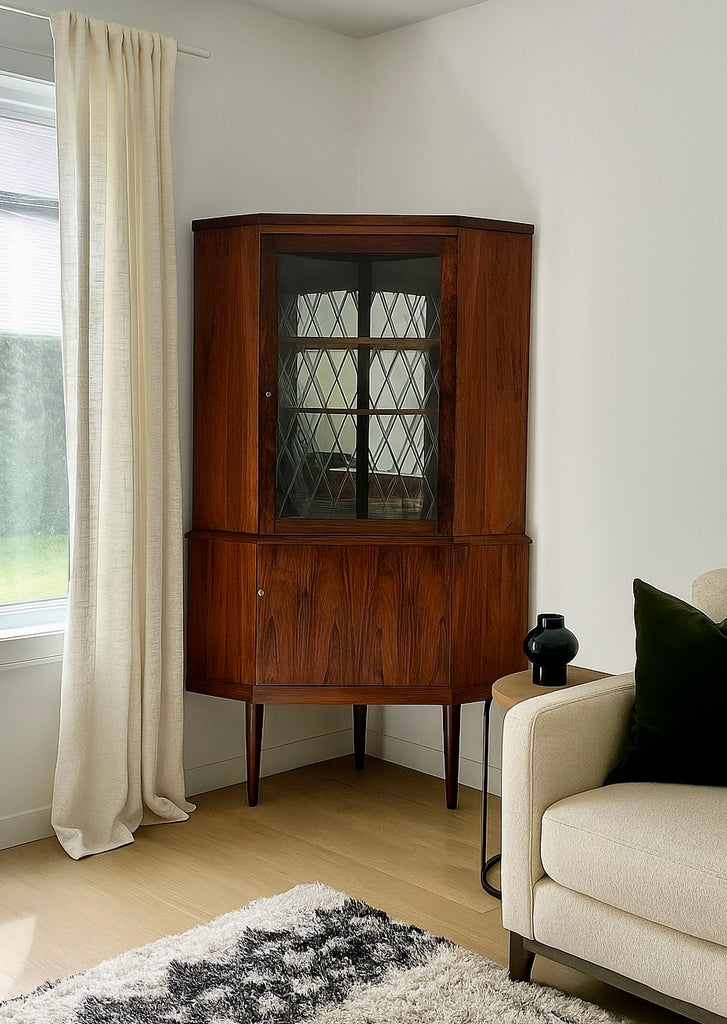 rosewood danish mid century corner cabinet vintage
