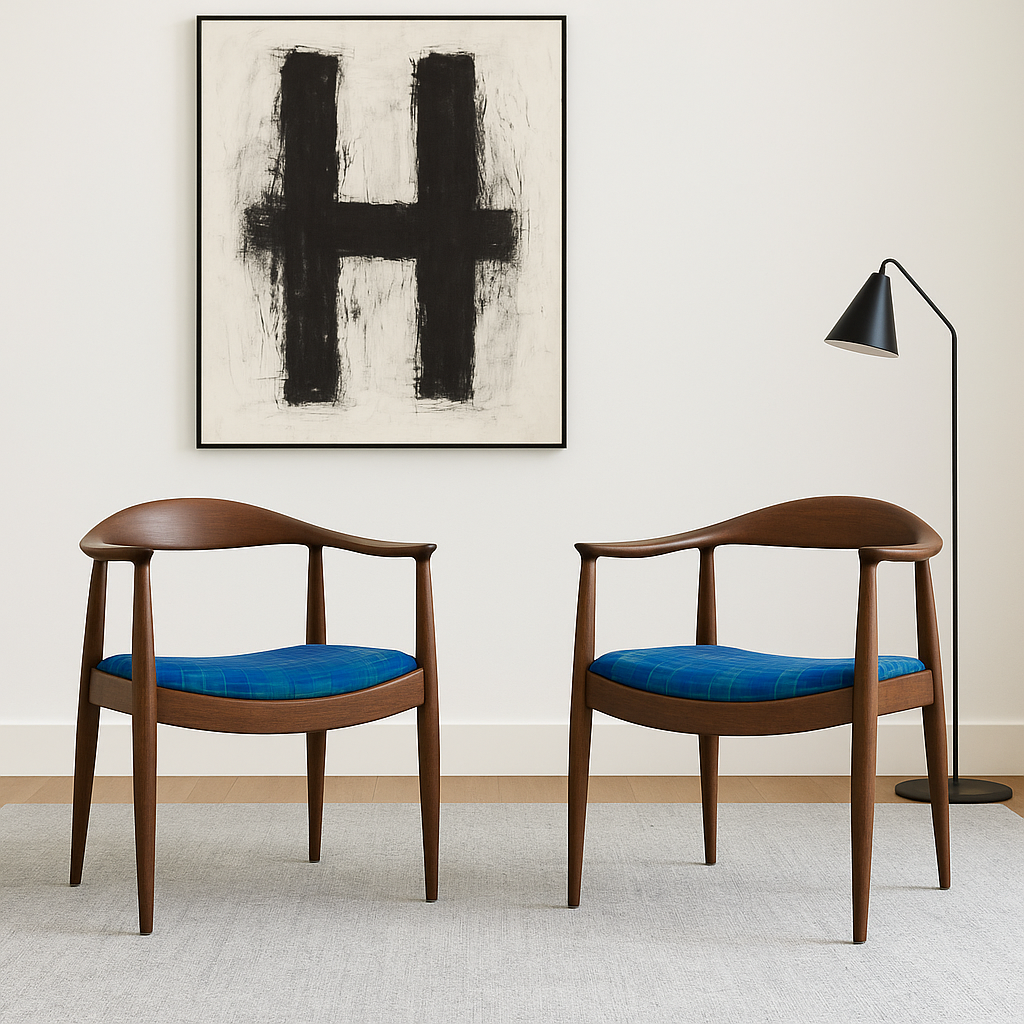 Pair of Vintage Mid Century Modern Walnut Lounge Chairs – Hans Wegner Style – 1960s Scandinavian Modern Design, c. 1960's