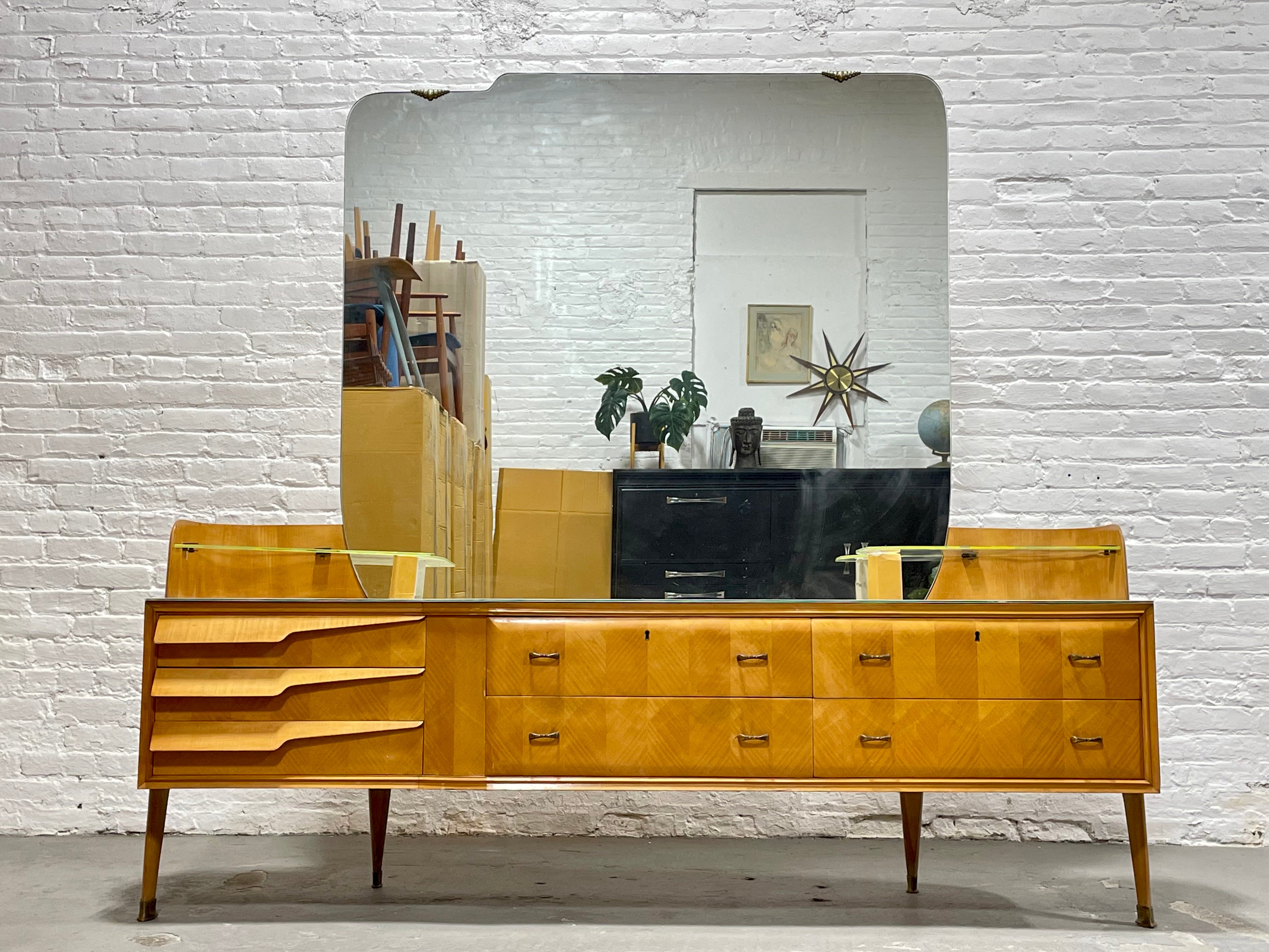 ITALIAN Mid Century MODERN Maple Long DRESSER / Vanity + Large Mirror, c. 1960's ITALIAN Mid Century MODERN Maple Long DRESSER / Vanity + Large Mirror, c. 1960's