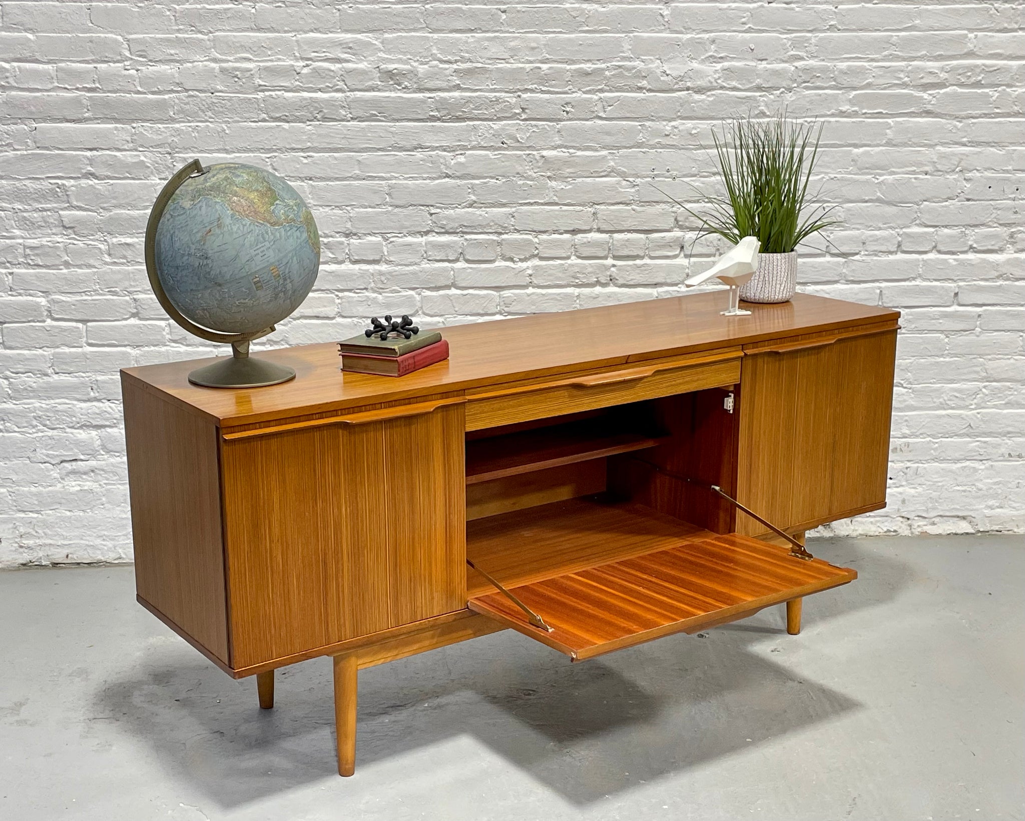 Mid Century Modern Zebrawood Sideboard / Credenza | Drop Front Bar