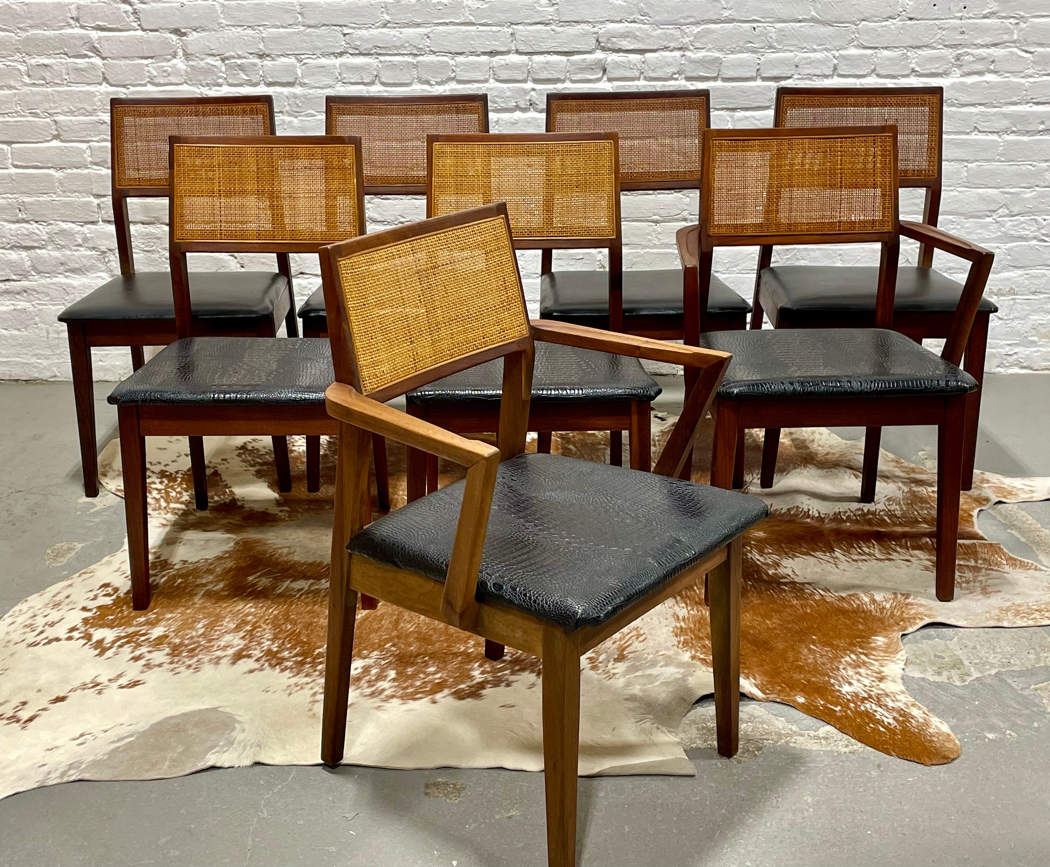 WALNUT Mid Century Modern CANED Dining CHAIRS, Set of EIGHT
