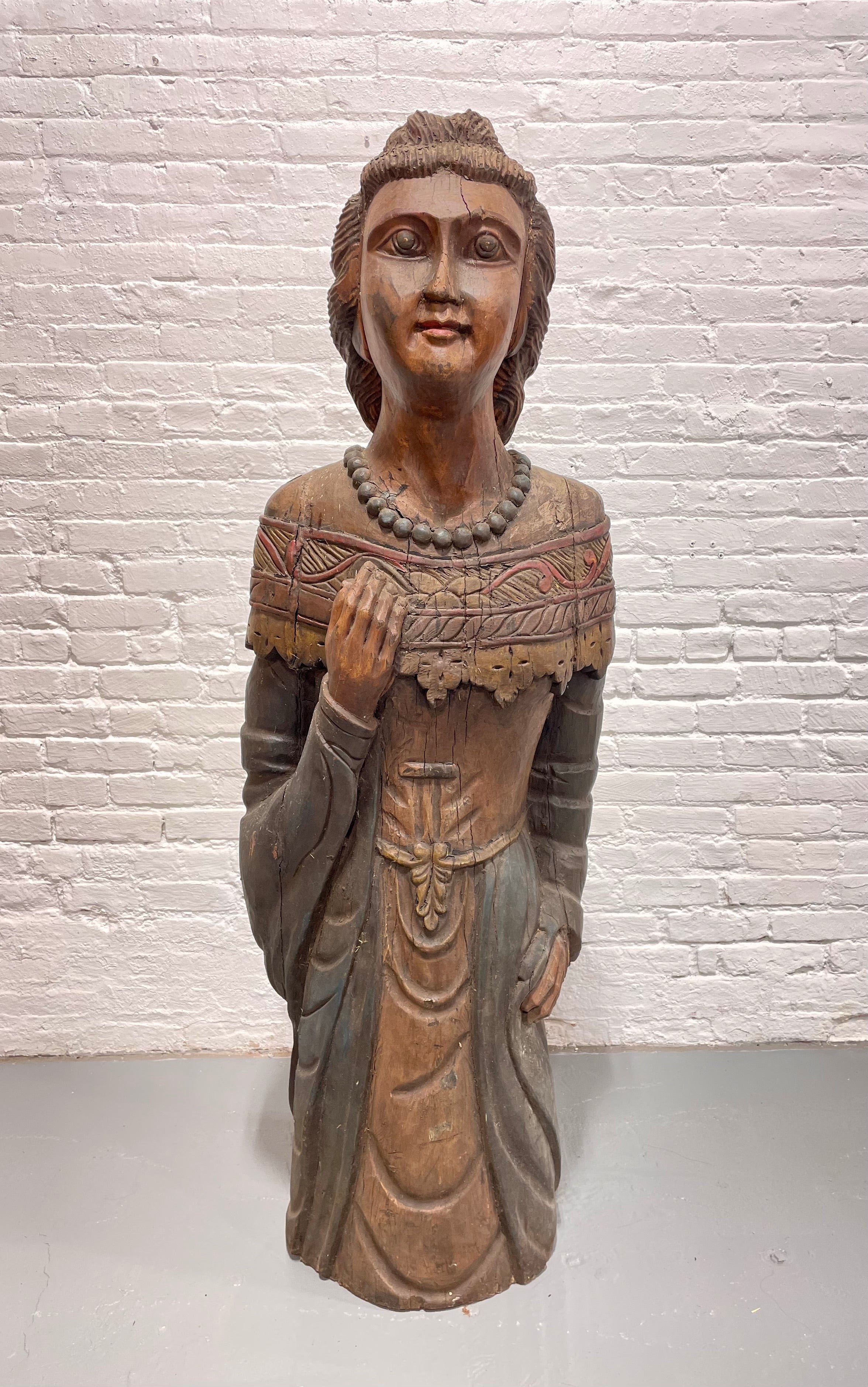ANTIQUE Life Size Solid Wood Hand CARVED WOMAN Sculpture / Statue