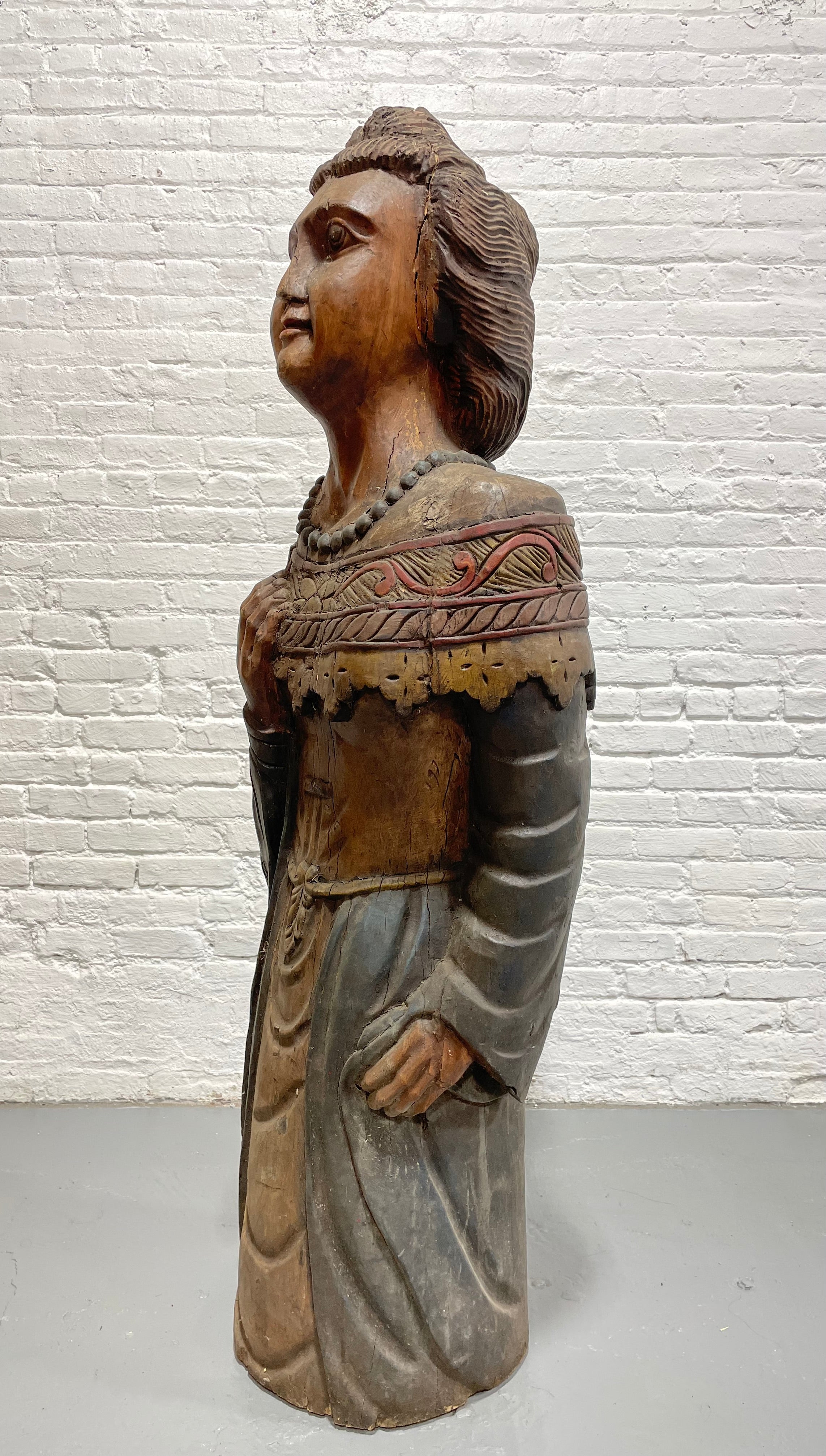 ANTIQUE Life Size Solid Wood Hand CARVED WOMAN Sculpture / Statue