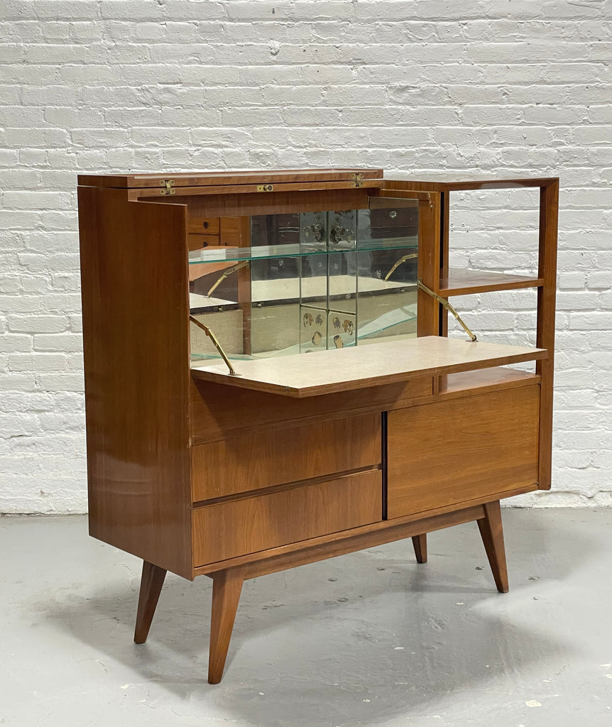mid century modern walnut bar cabinet danish drop down storage 
