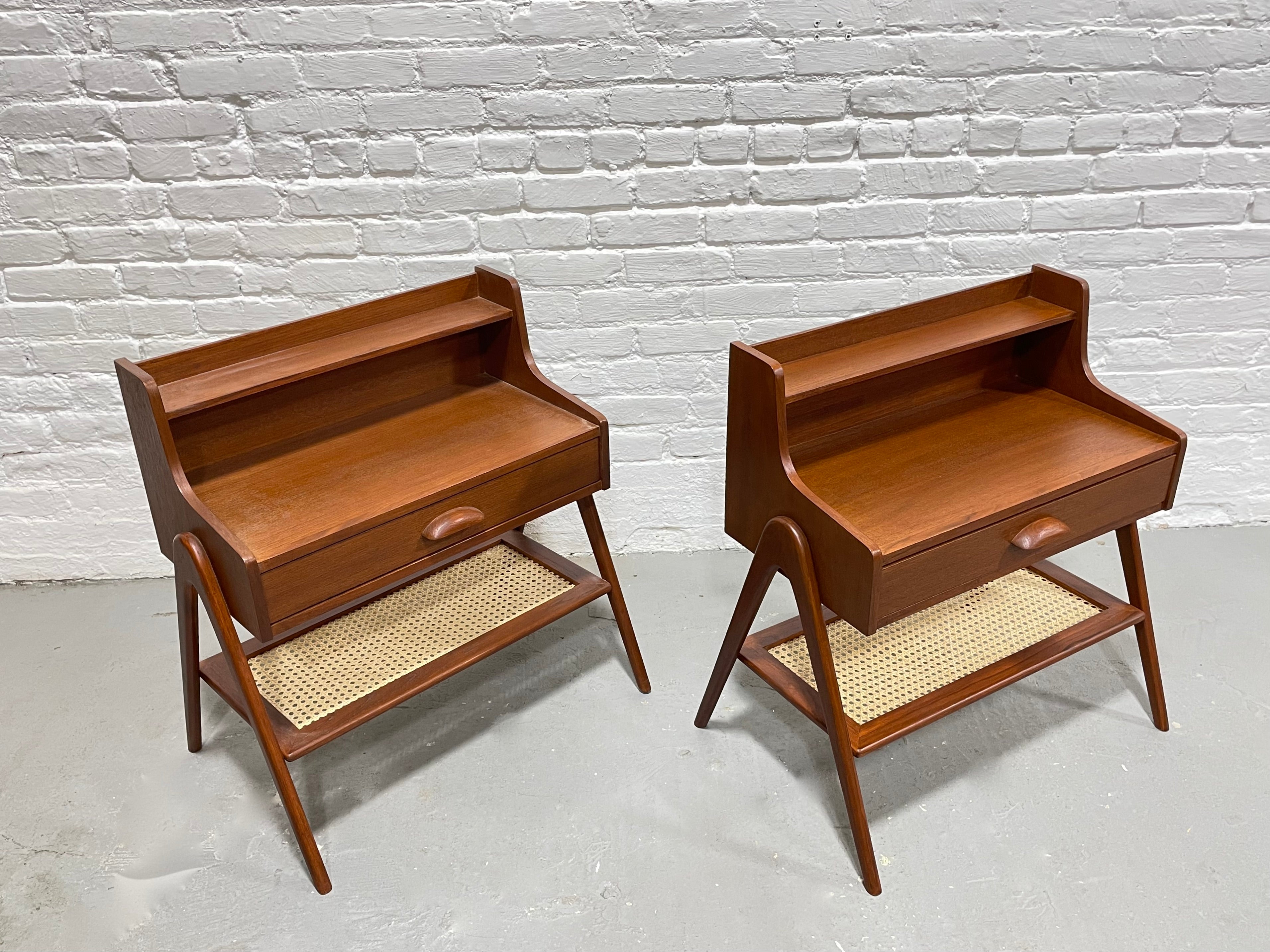 Pair of Mid Century MODERN Handcrafted Caned TEAK CABINETS / Entryway Tables