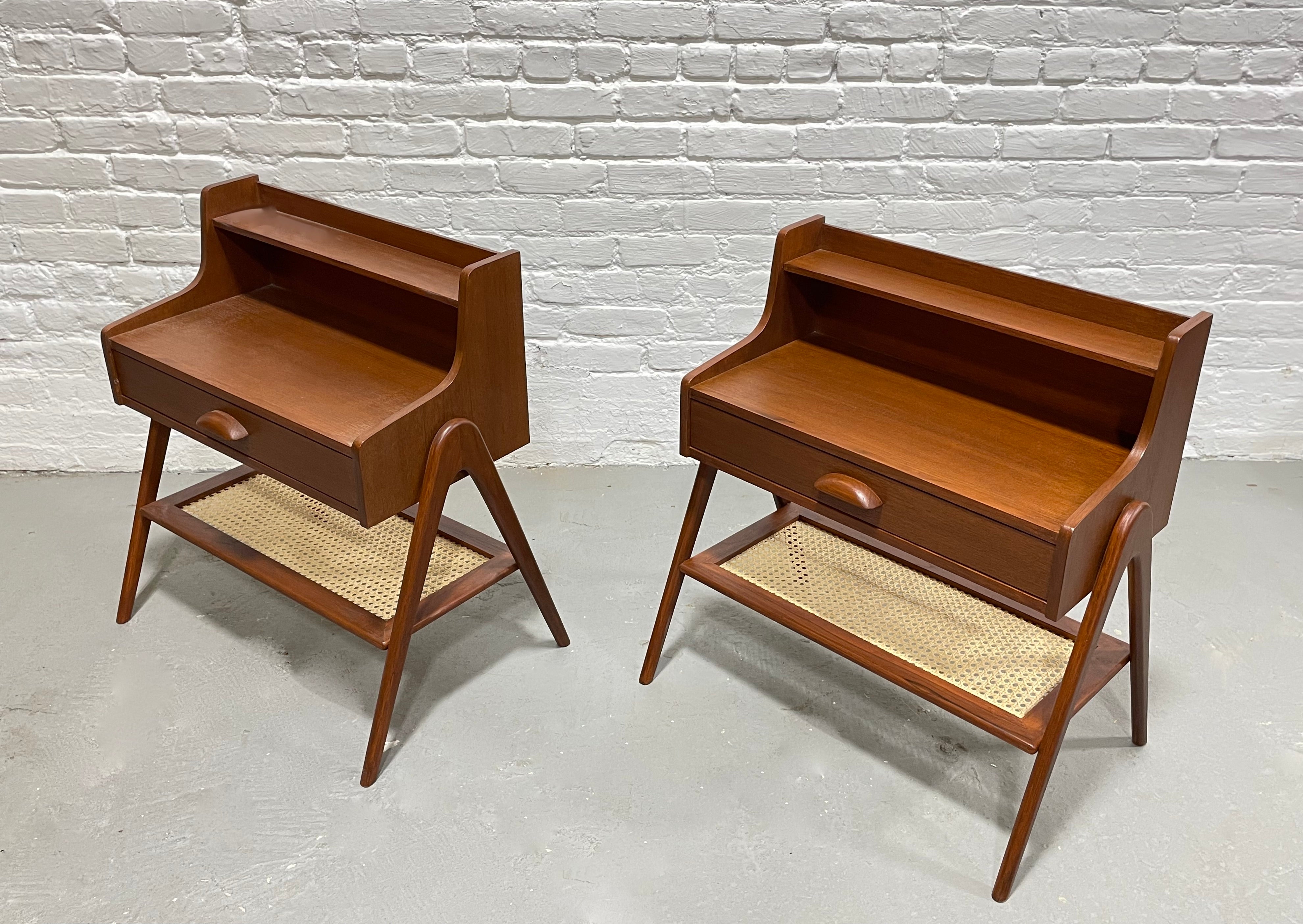 Pair of Mid Century MODERN Handcrafted Caned TEAK CABINETS / Entryway Tables