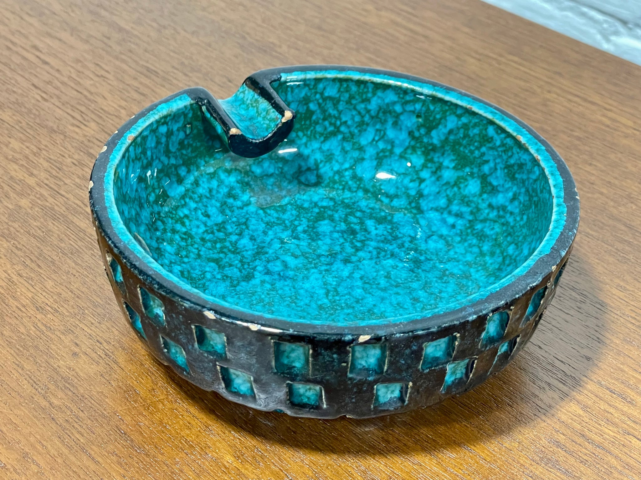 Mid Century Modern CERAMIC Signed TURQUOISE ASHTRAY Bowl by