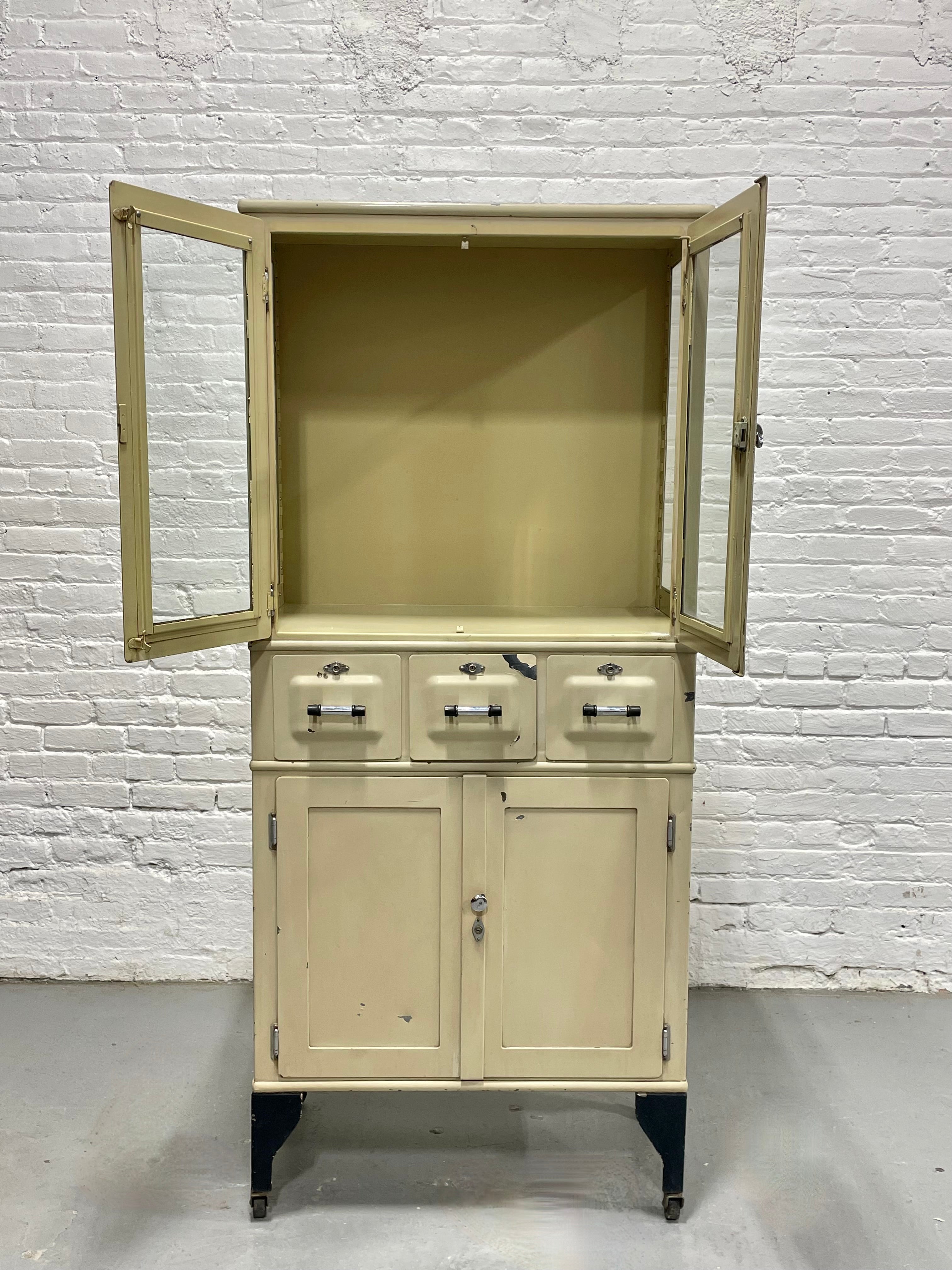 Vintage Art Deco Industrial Metal Medical Cabinet On Casters, C. 1930S Vintage Art Deco Industrial Metal Medical Cabinet On Casters, C. 1930S