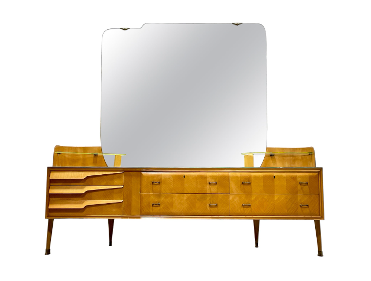 ITALIAN Mid Century MODERN Maple Long DRESSER / Vanity + Large Mirror, c. 1960's ITALIAN Mid Century MODERN Maple Long DRESSER / Vanity + Large Mirror, c. 1960's