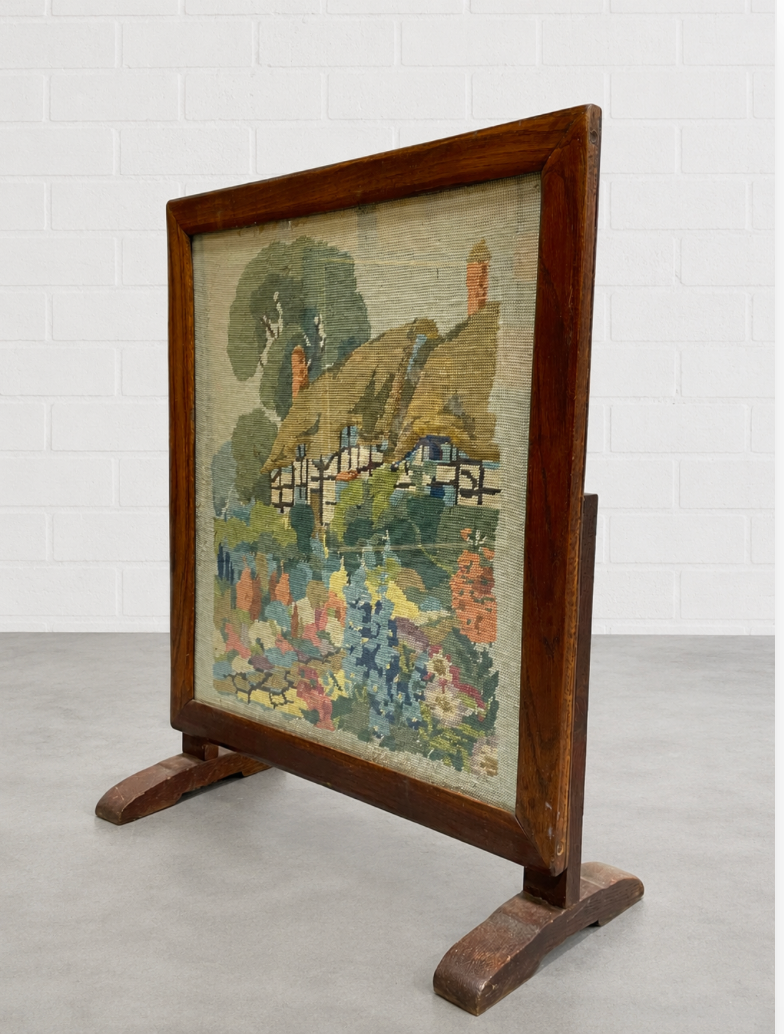 Antique Needlepoint Fire Screen with Cottage Garden Scene, Wood