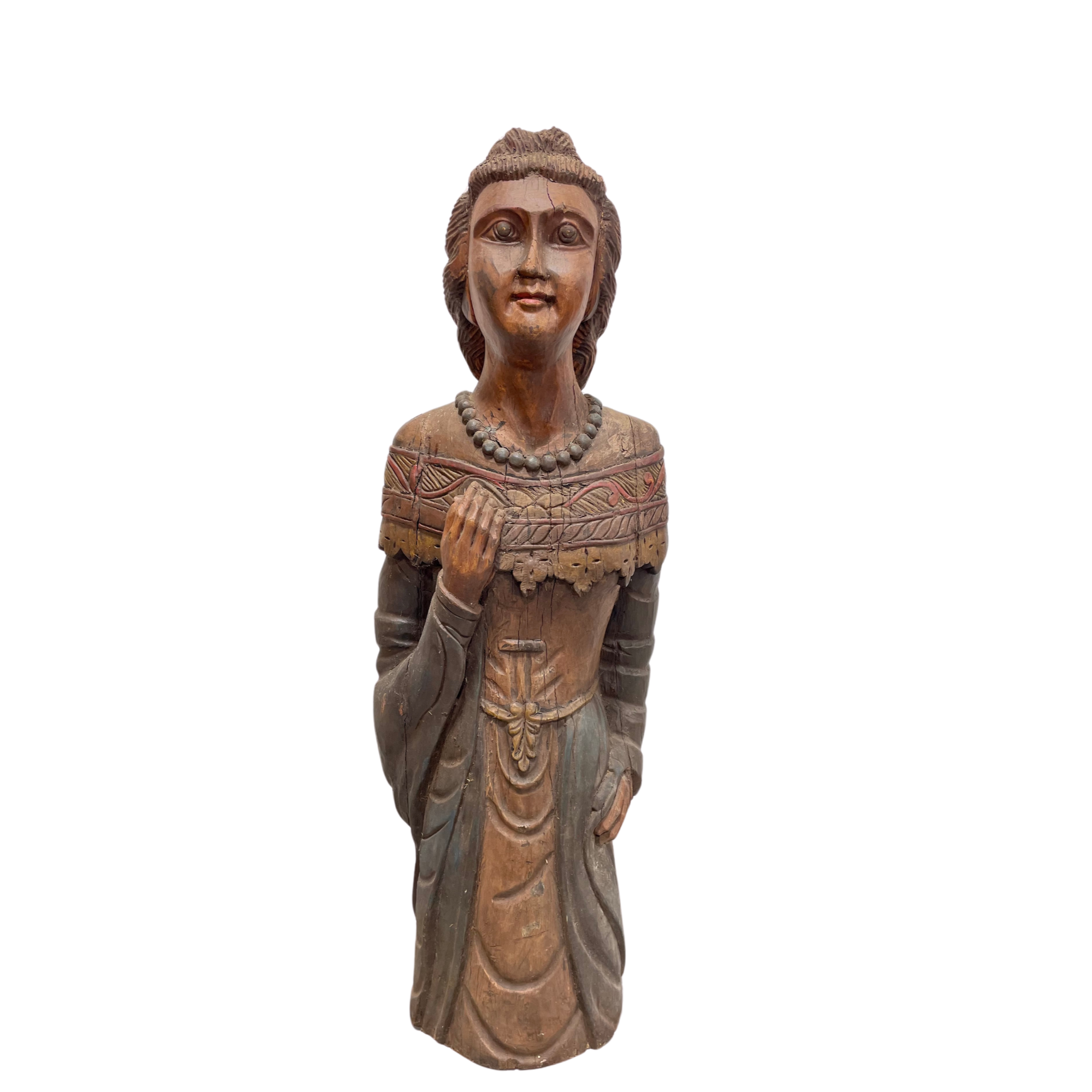 antique statue figure woman buddha religious wooden hand carved