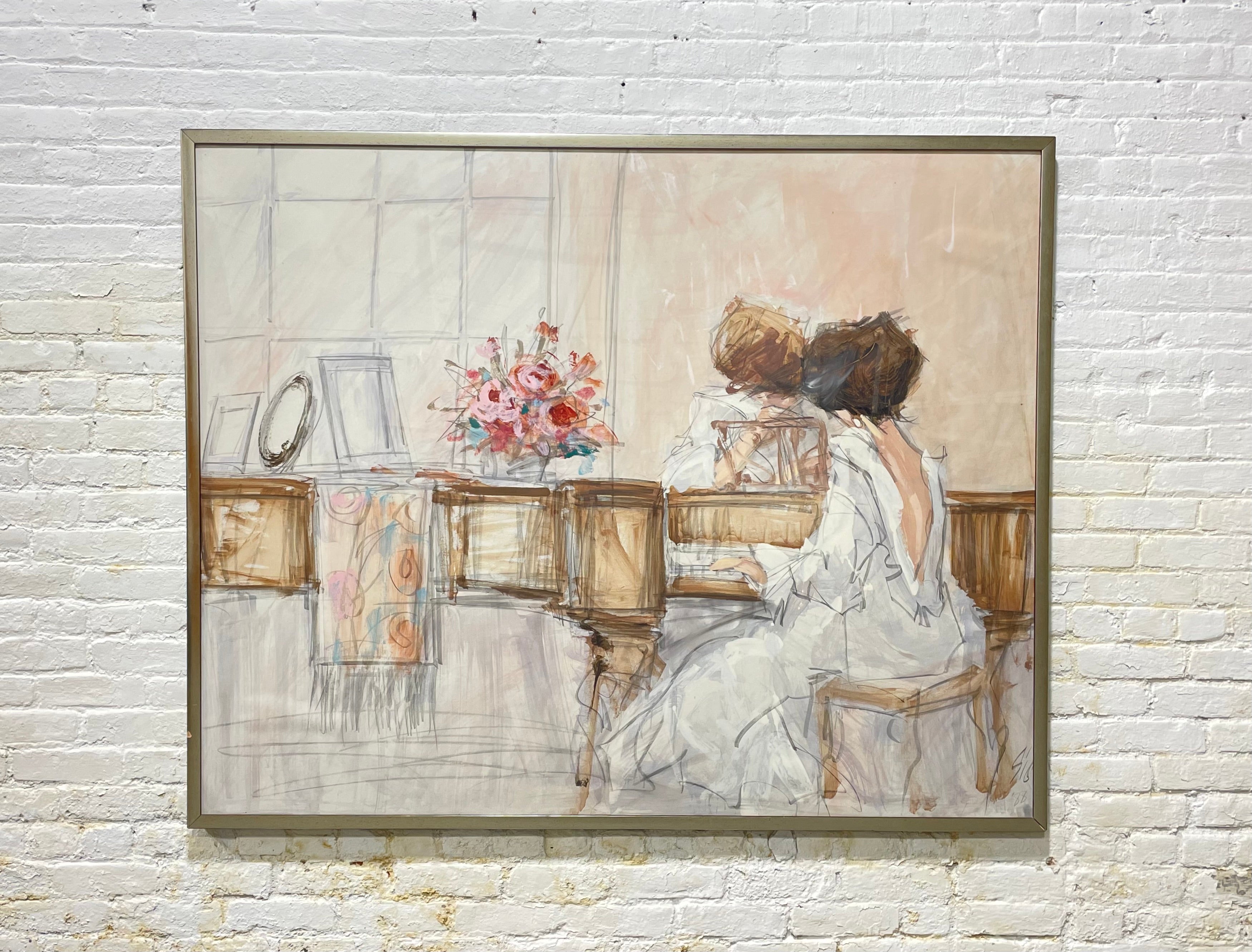 HUGE FRAMED Woman and Child Playing Piano ART by Jerry Sic, c.1988