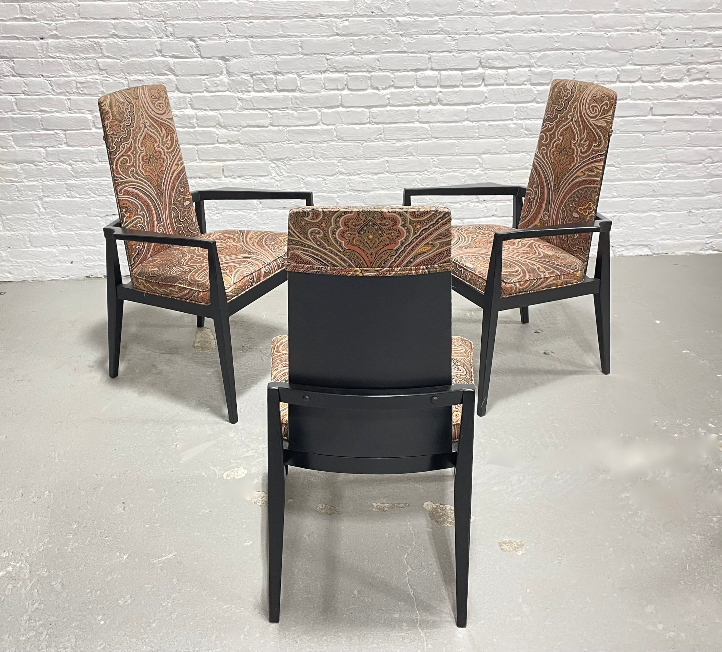 Mid Century Modern Paisley Ebonized Dining Chairs, Set of Three