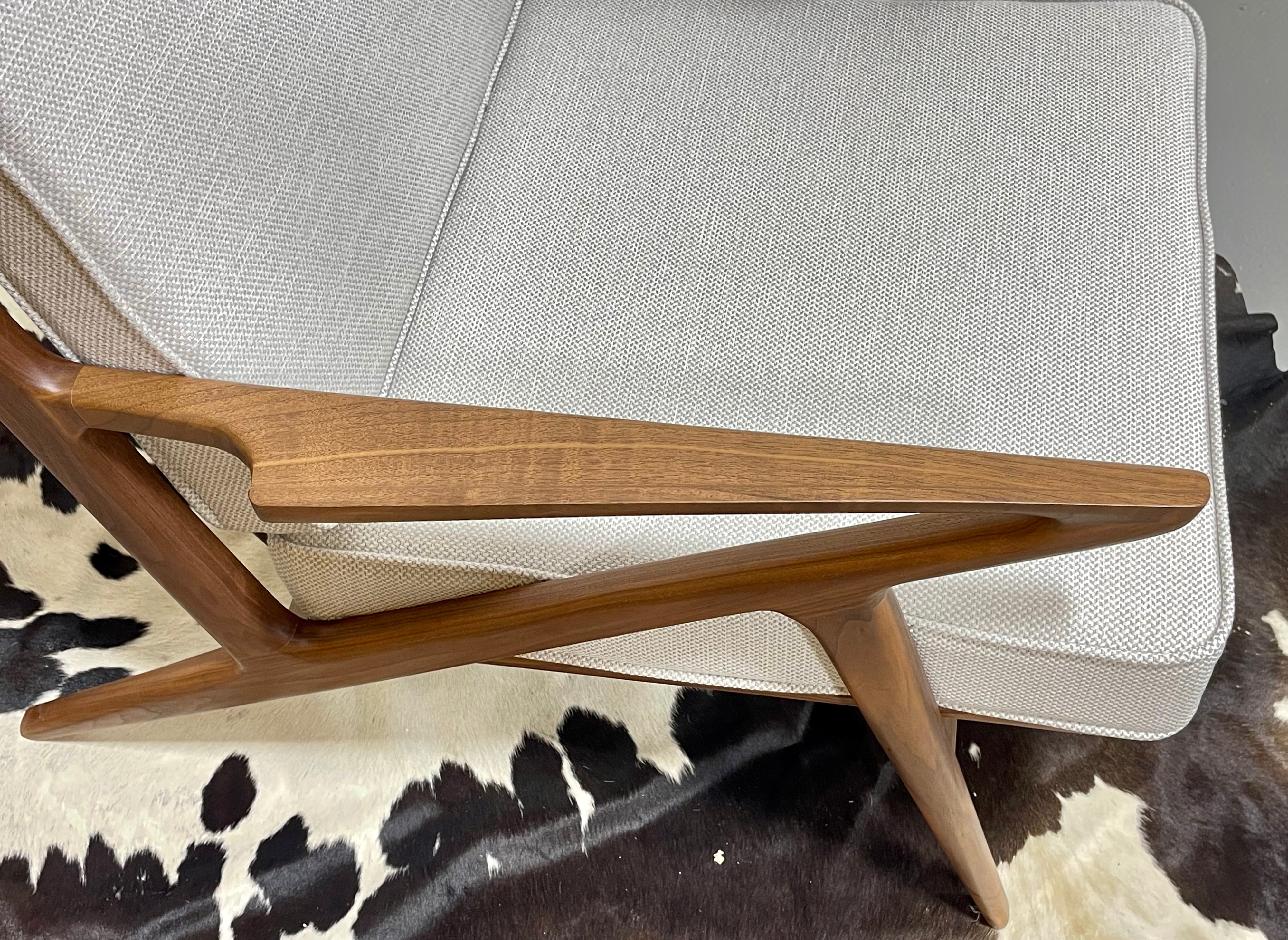 Handcrafted Mid Century Modern styled WALNUT LOUNGE CHAIR, Pearl White Upholstery