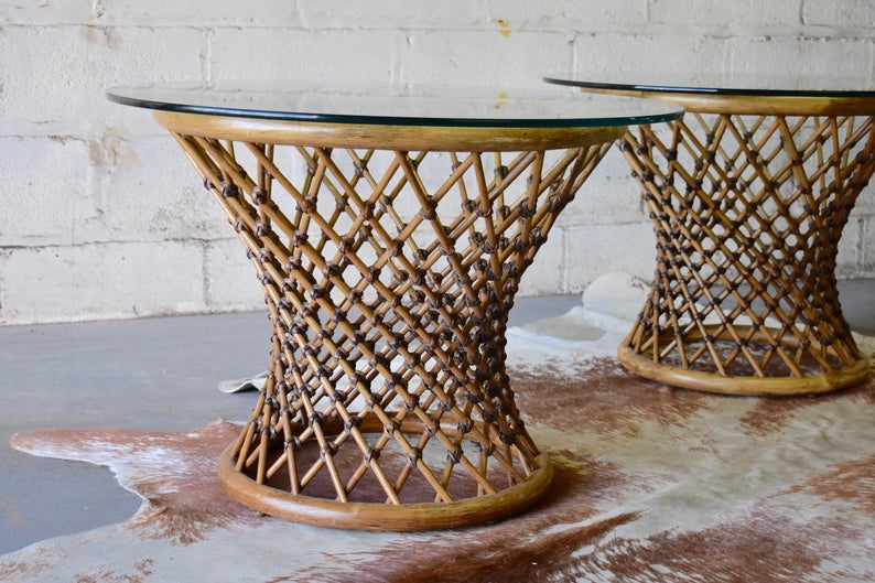 Mid Century Modern RATTAN + Glass END TABLES / Nightstands / Side Tables - Circa60